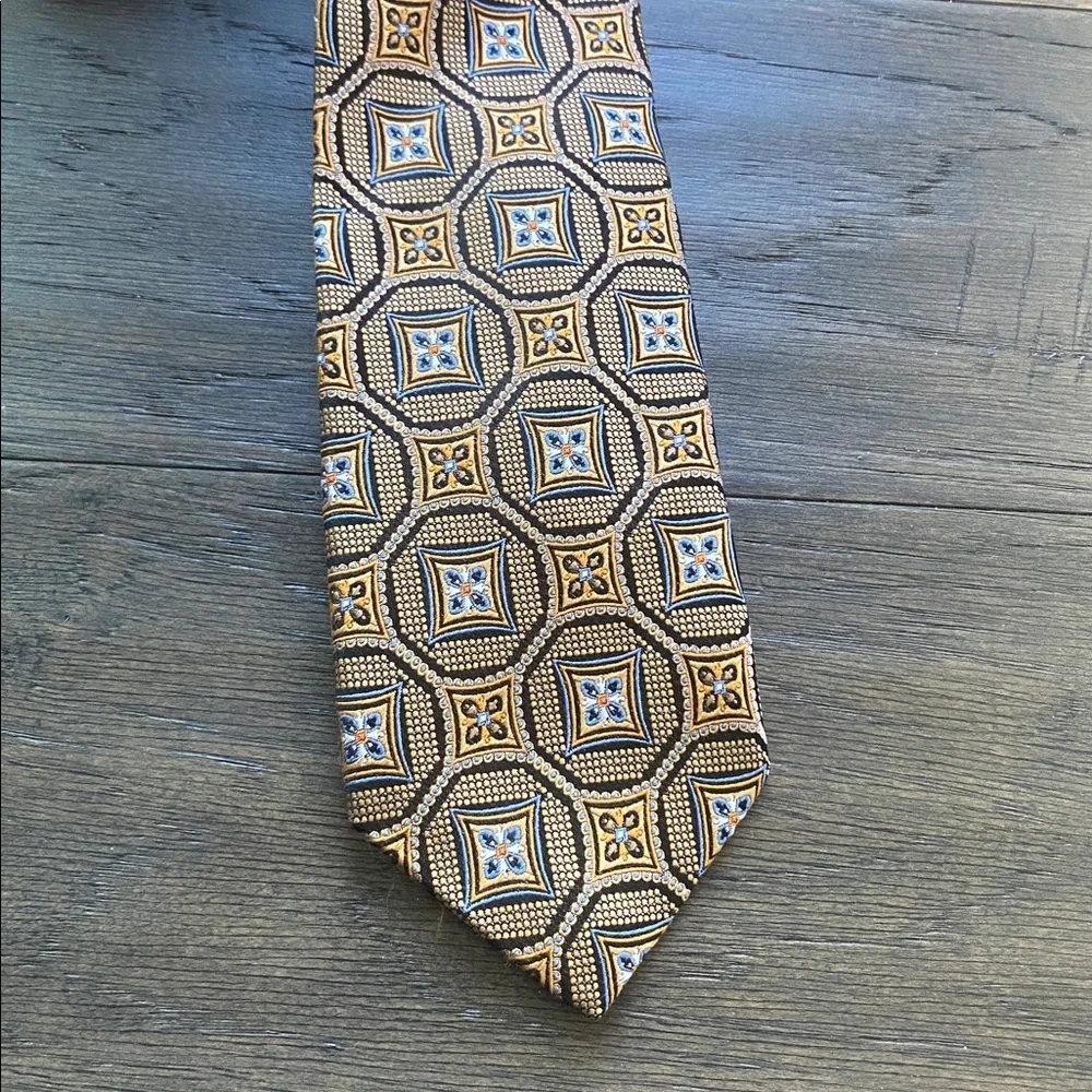 JZ RICHARDS 100% Silk Geometric Print Golden Yellow and Blue Handmade